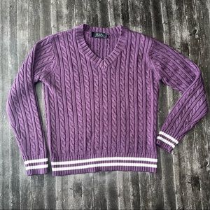 Purple Knit V-Neck Vintage Sweater With White Stripes